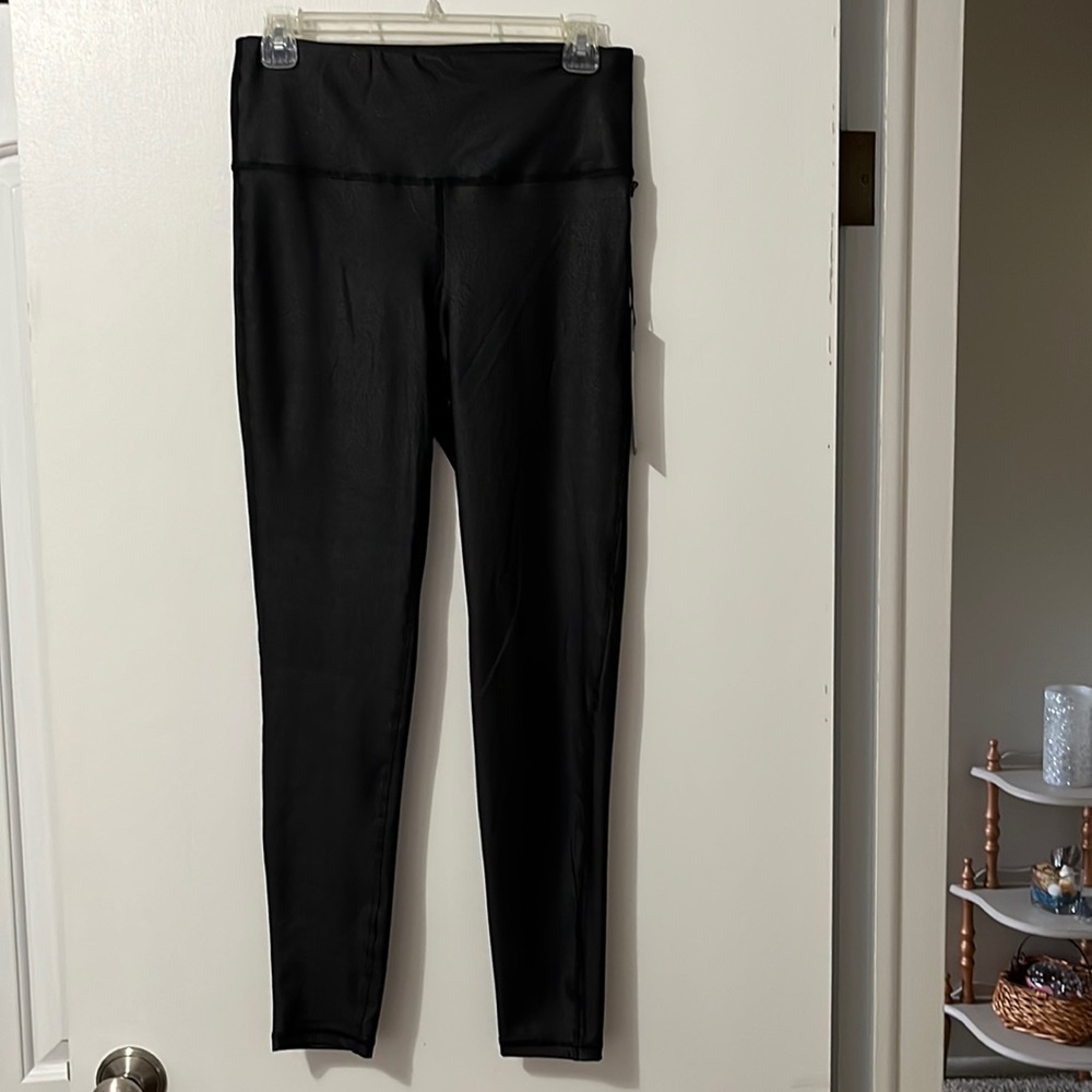 Stretchy, faux leather-look leggings with wide waistband - black; new w/tags